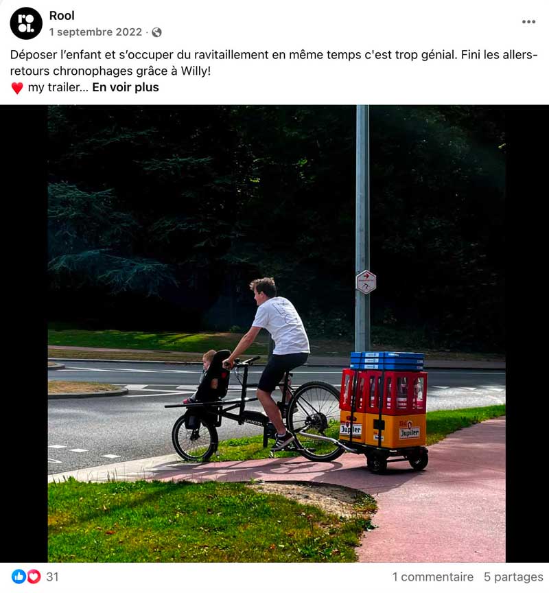 Page du site ROOL expliquant que la remorque permet de transporter à la fois son enfant et les courses